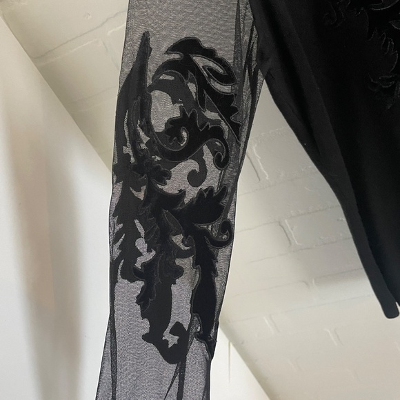 Vintage Y2K Knit Sweater Sheer mesh Burnout Velvet sleeve Damask Goth Black L - Picture 5 of 15